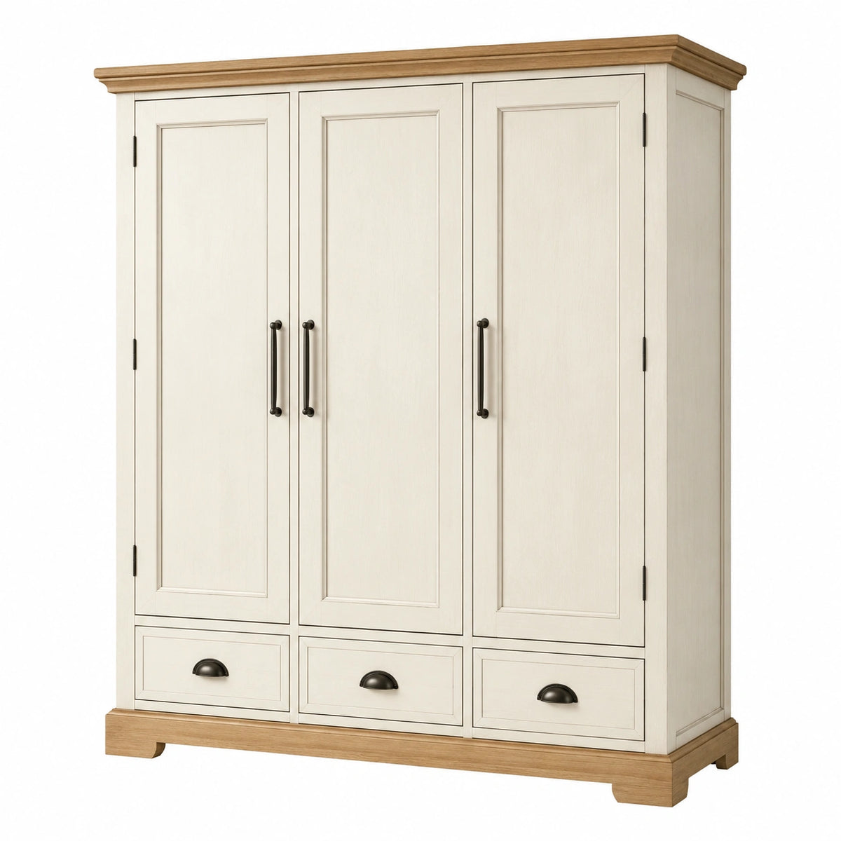 Armadio tre ante in legno bianco e rovere con maniglie nere