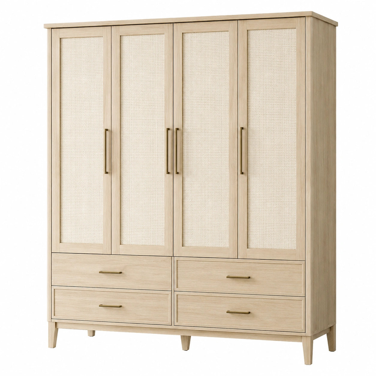 Armadio in legno con pannelli in rattan e maniglie in metallo