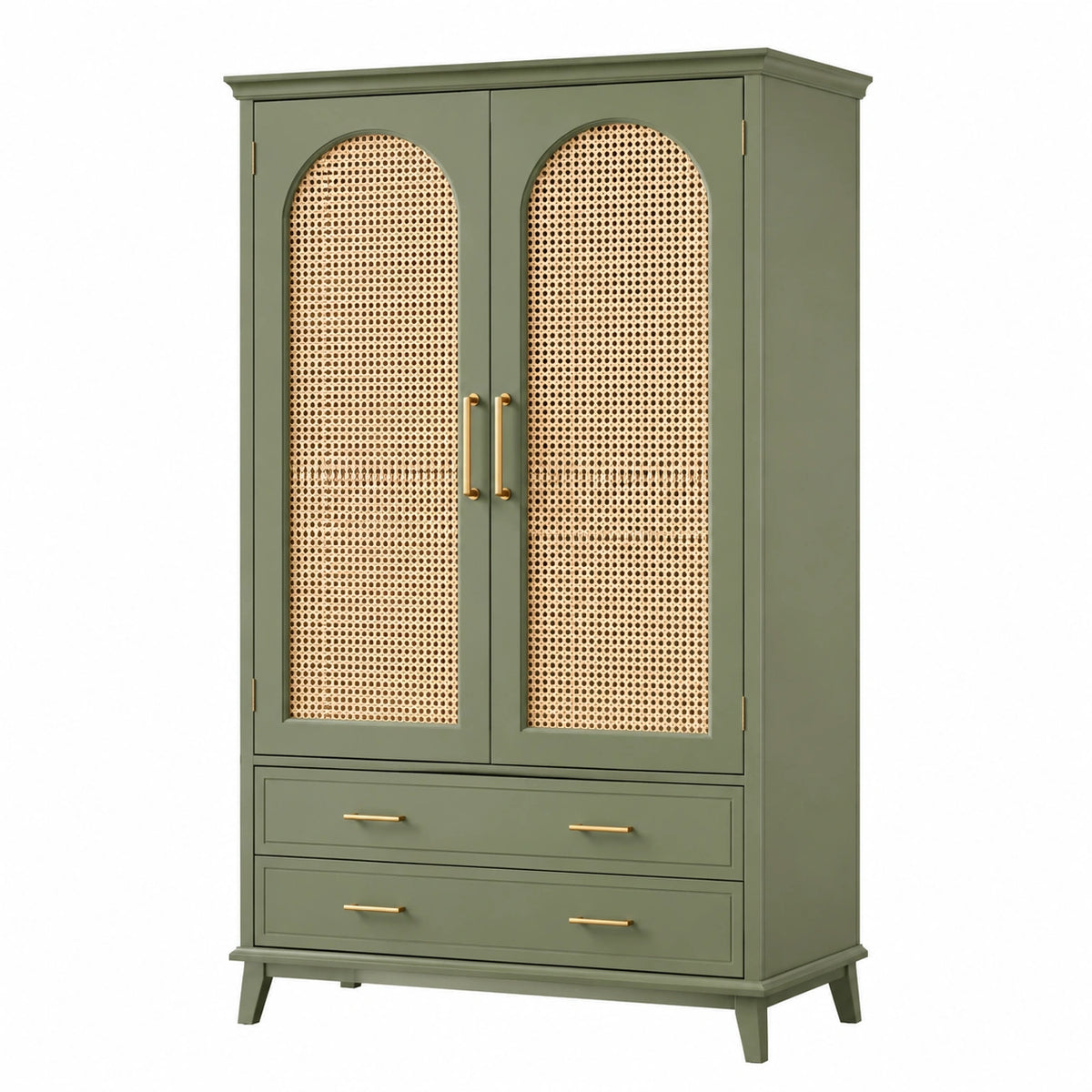 Armadio in legno con ante in rattan e cassetti colore verde