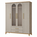 Armadio a 4 ante in legno e vetro con maniglie dorate, H200 x L180 x P60 cm, grigio e beige