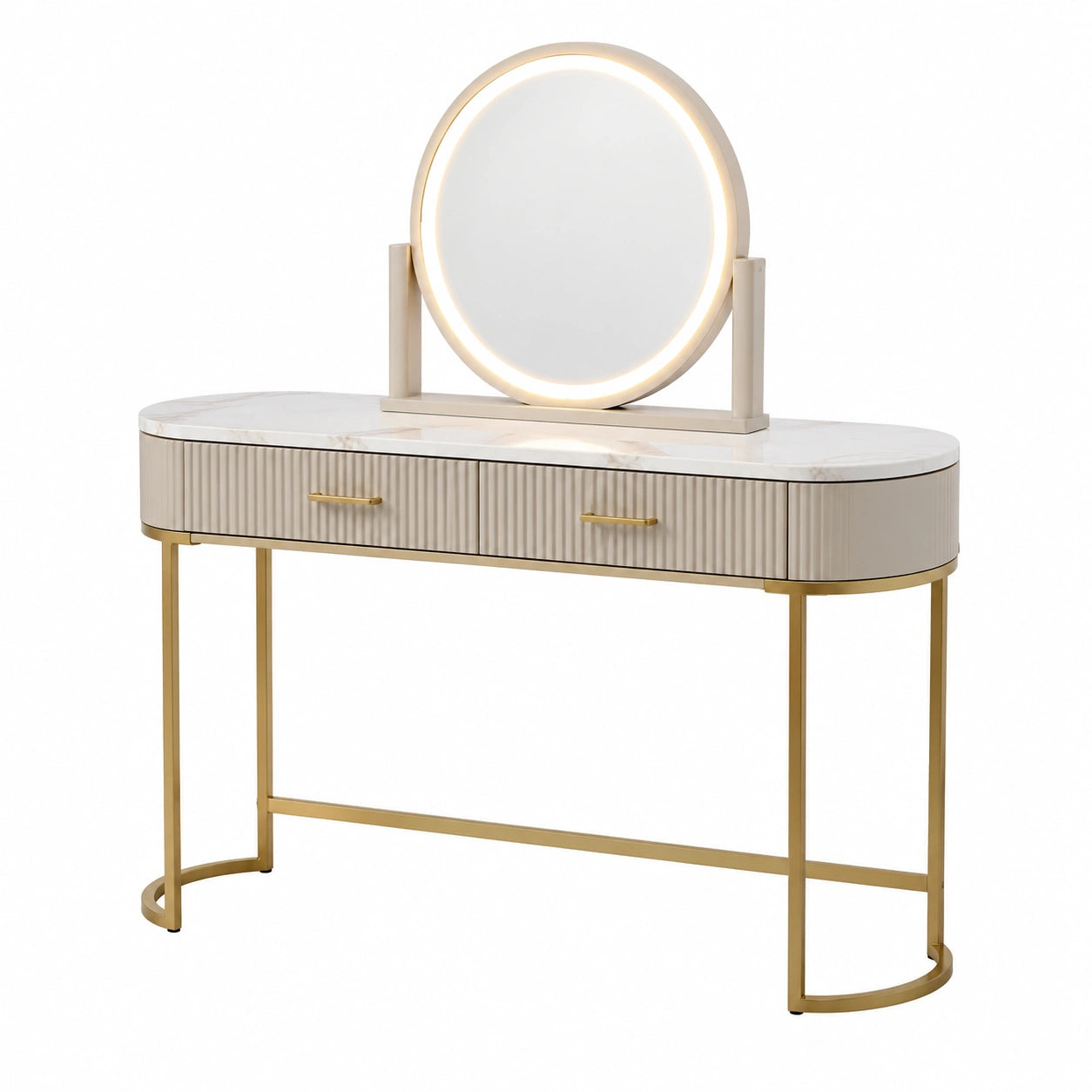 Toeletta con Specchio LED, Metallo e MDF, Bianco e Ottone