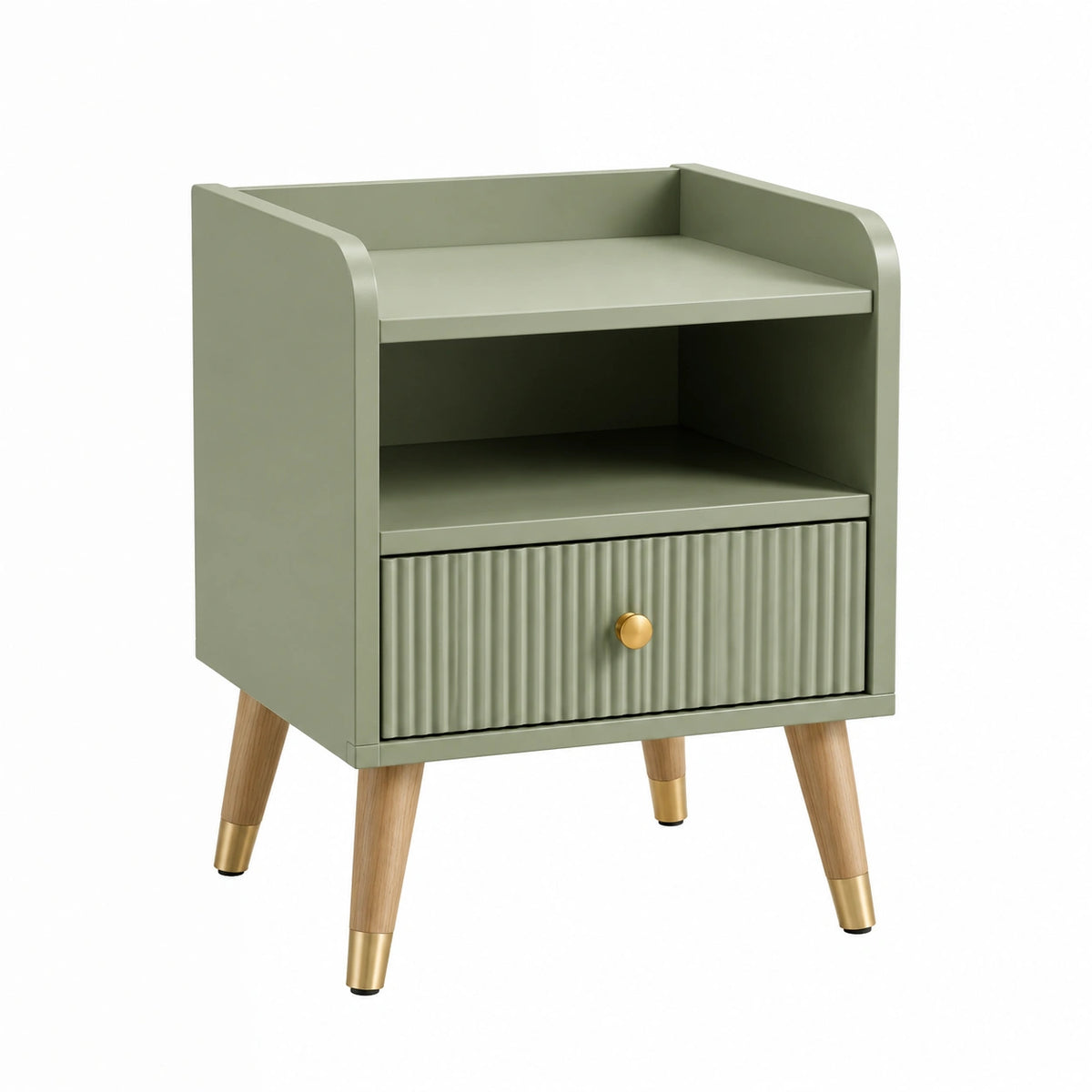 Comodino in legno verde con ripiano e cassetto