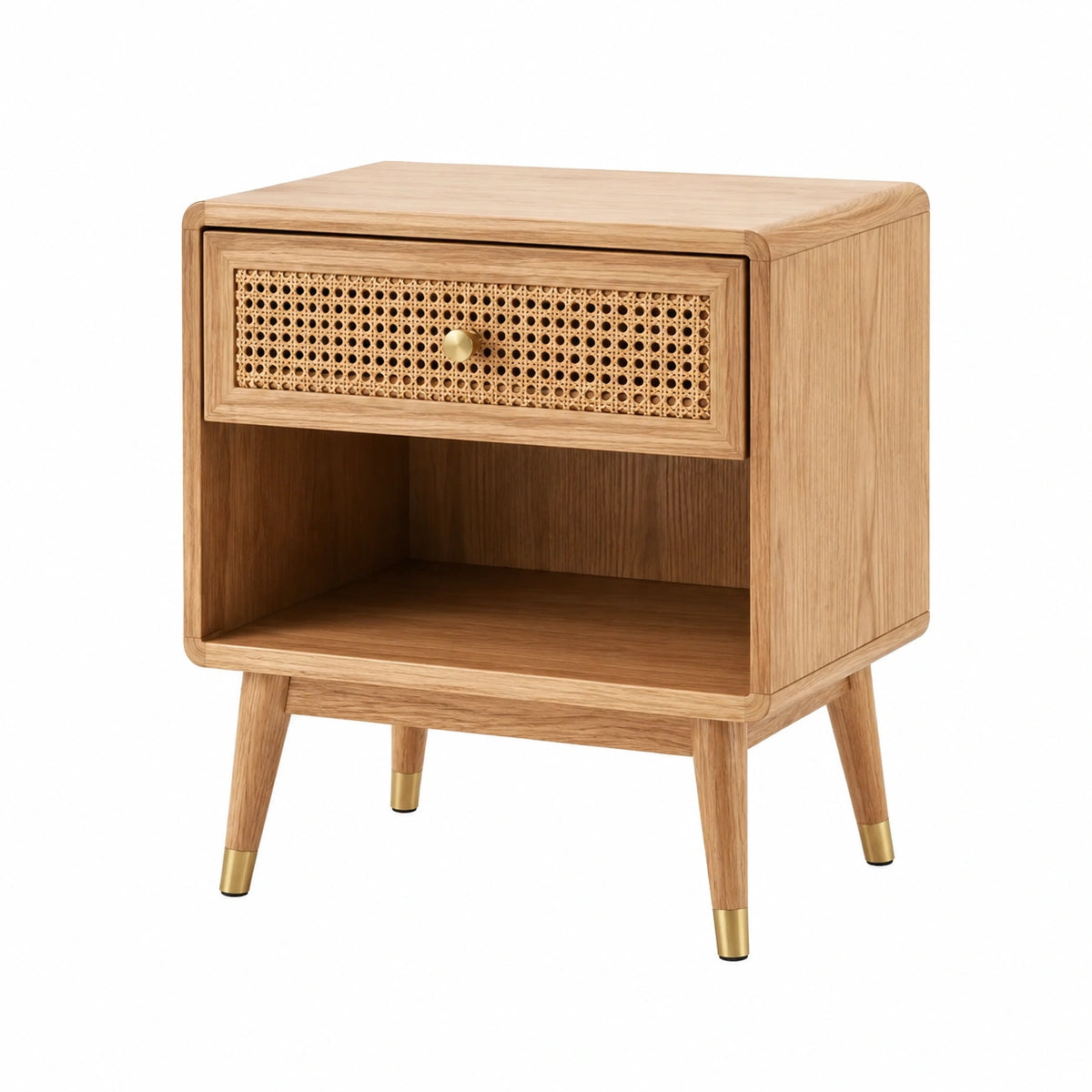 Comodino in legno e rattan con dettagli in metallo