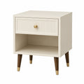 Comodino in legno MDF con gambe in legno massello, bianco con dettagli dorati