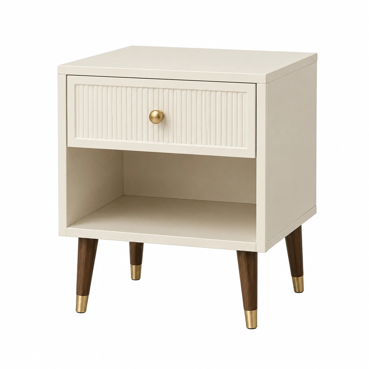 Comodino in legno MDF con gambe in legno massello, bianco con dettagli dorati