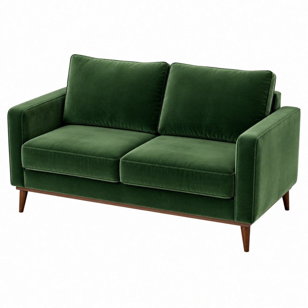 Divano in velluto verde con gambe in legno