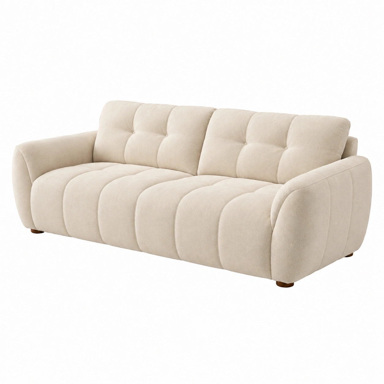 Divano 3 posti in tessuto beige con struttura in legno
