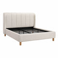 Letto matrimoniale in tessuto beige con gambe in legno