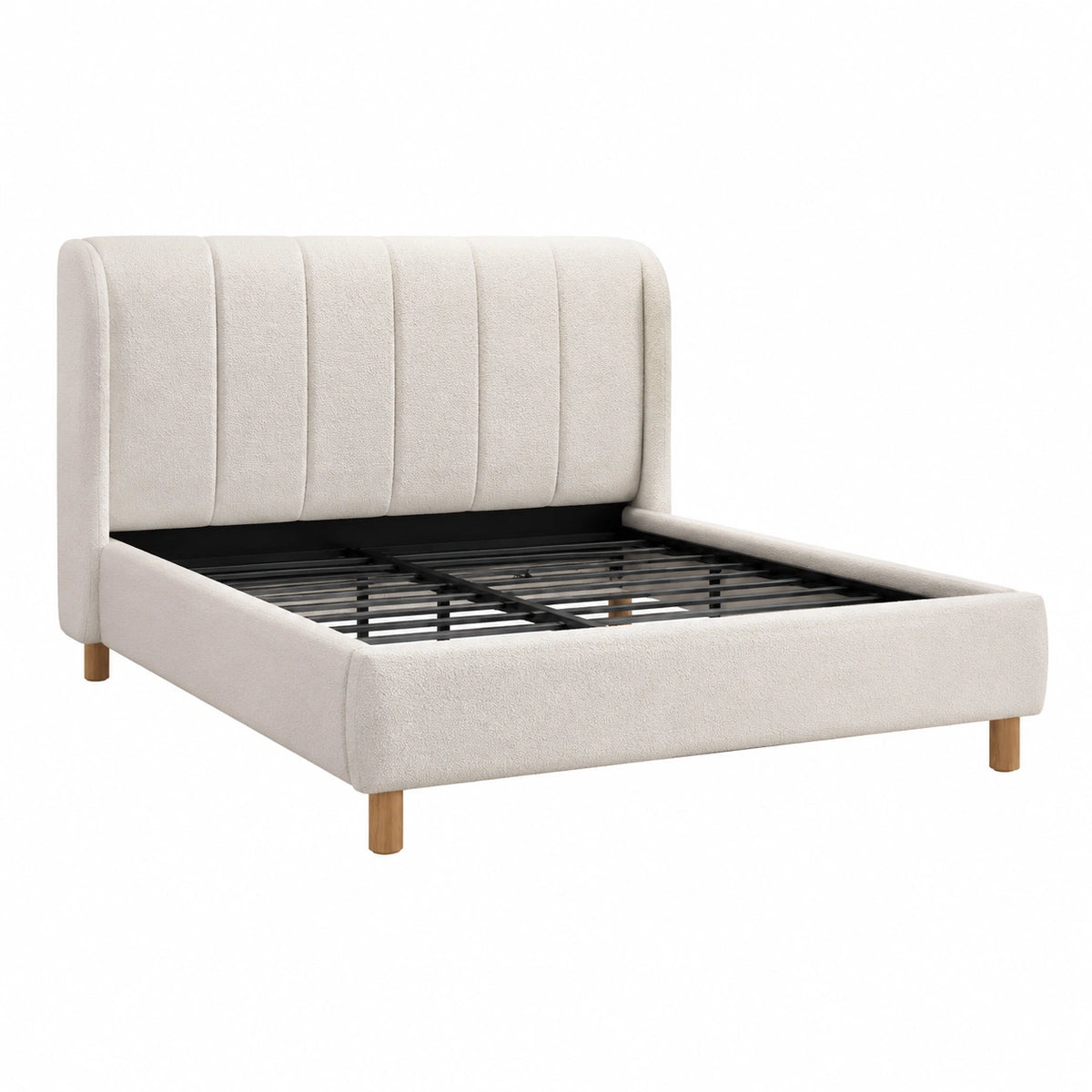 Letto matrimoniale in tessuto beige con gambe in legno