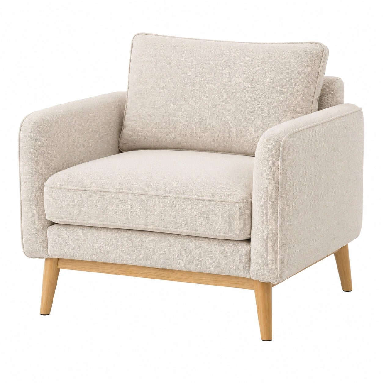 Poltrona in tessuto beige con struttura in legno