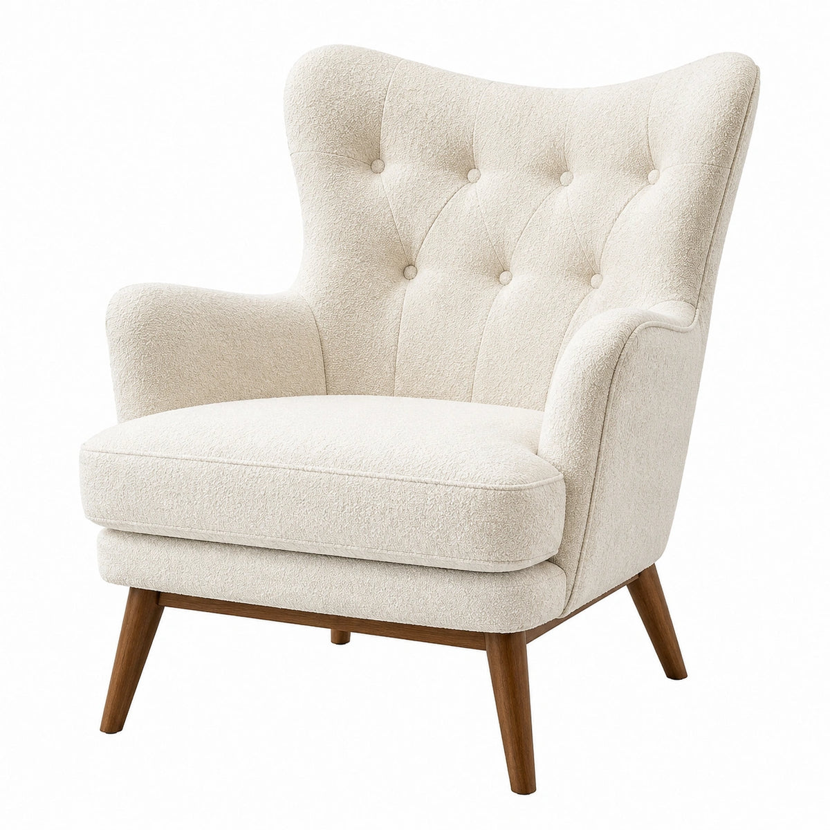 Poltrona in tessuto bouclé crema con struttura in legno massello