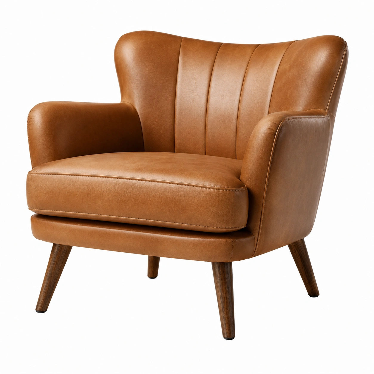 Poltrona in pelle sintetica marrone con gambe in legno massello