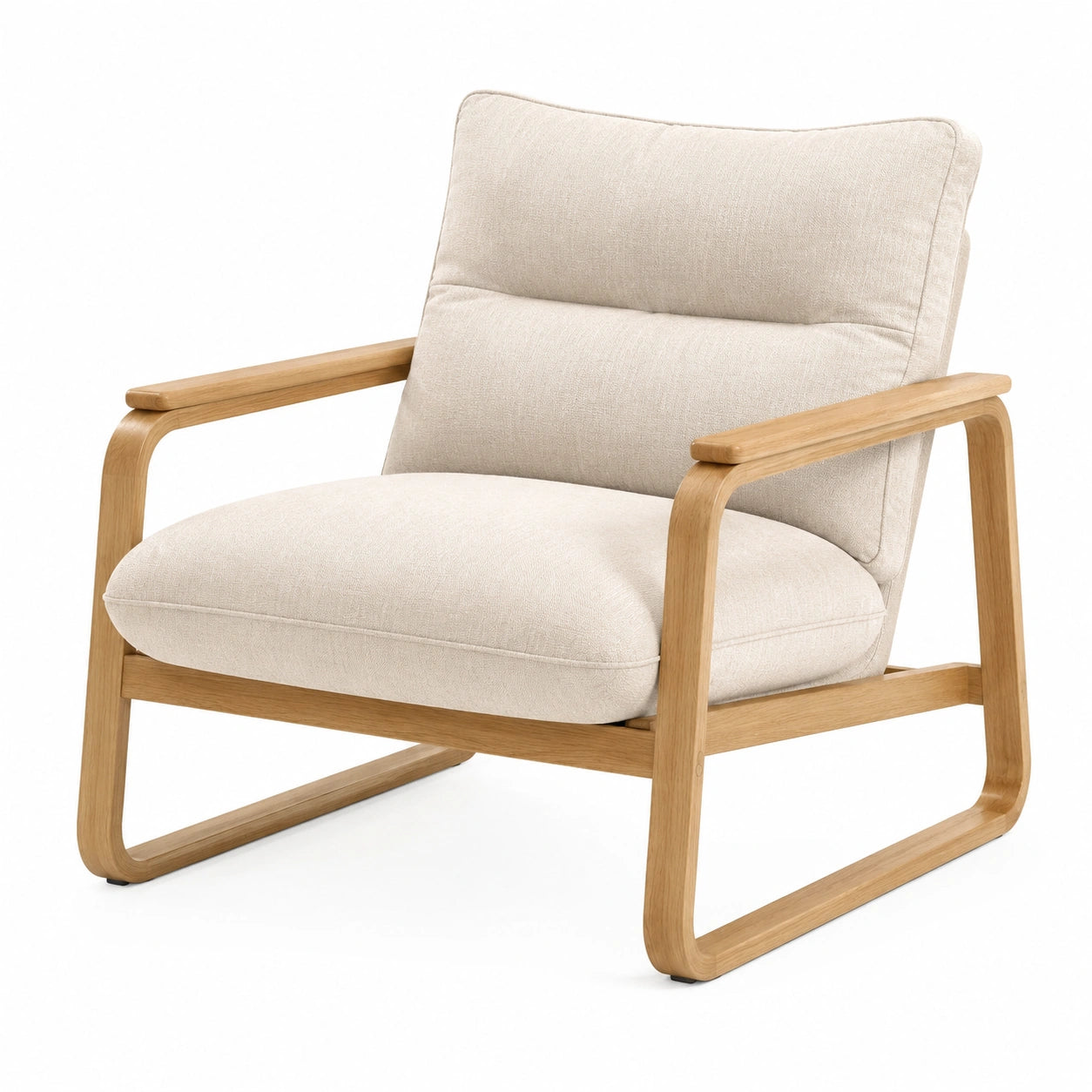 Poltrona in legno con rivestimento in lino beige