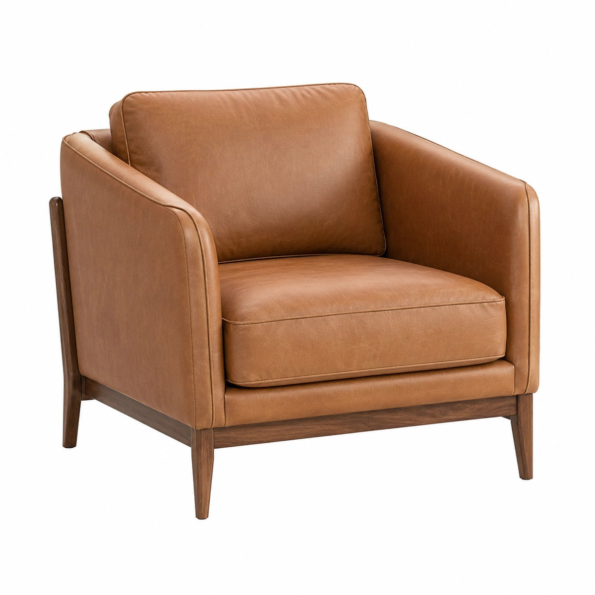 Poltrona in pelle sintetica marrone con struttura in legno massello