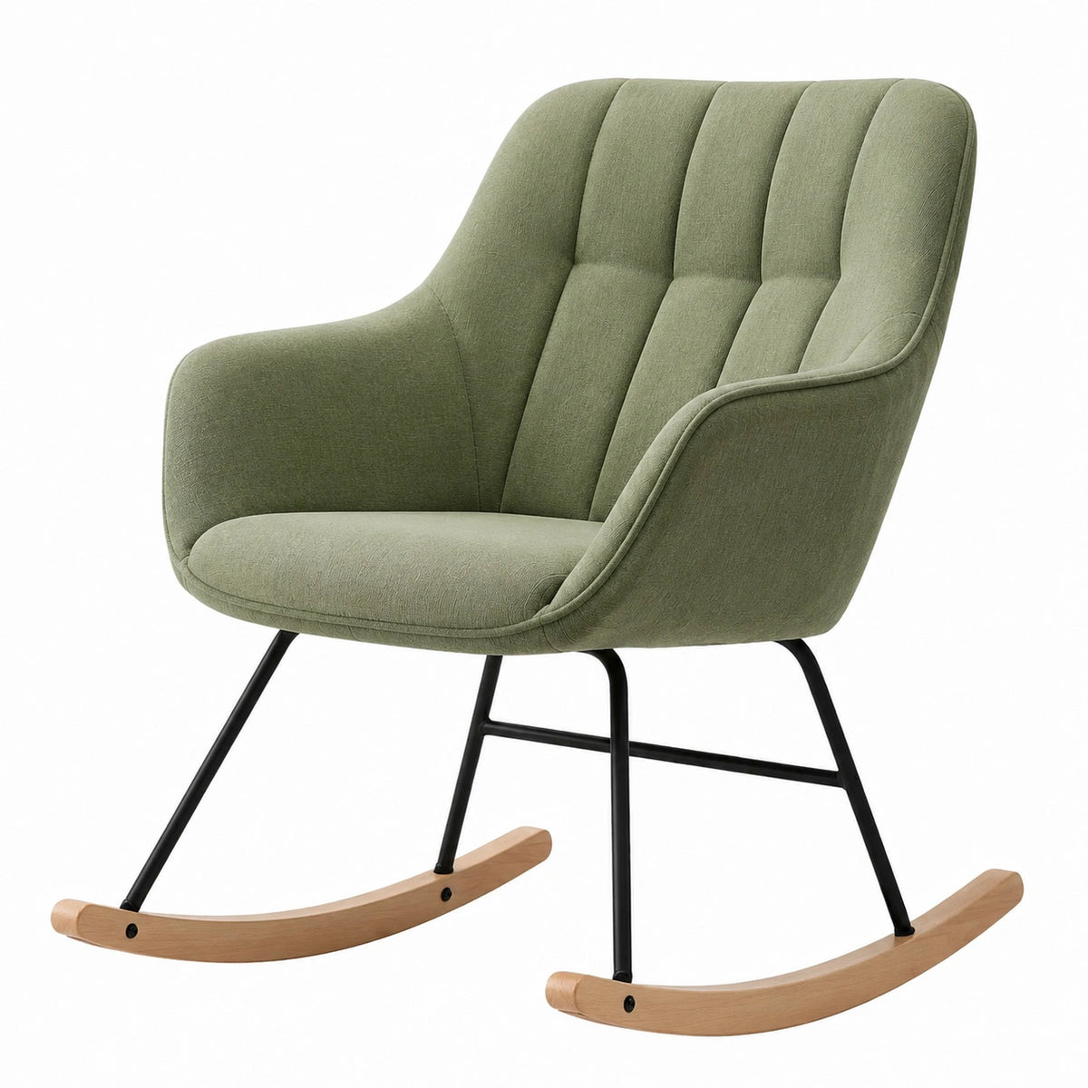 Sedia a dondolo in metallo e legno con rivestimento in tessuto verde