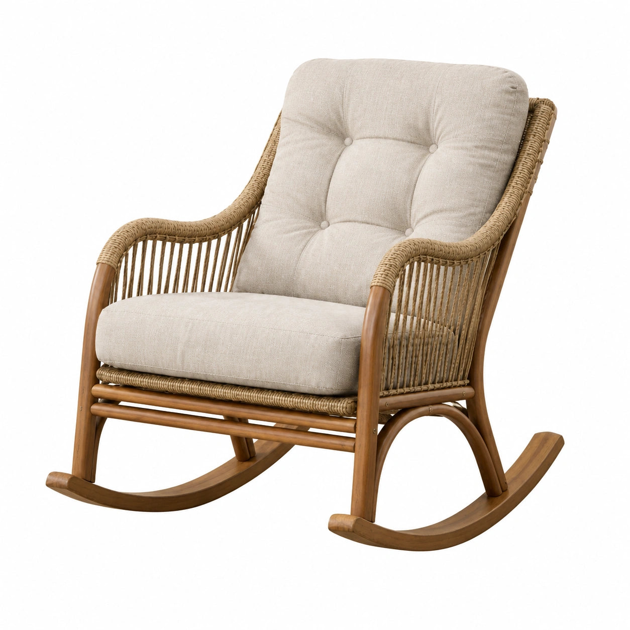 Sedia a dondolo in legno e rattan con cuscini in tessuto beige